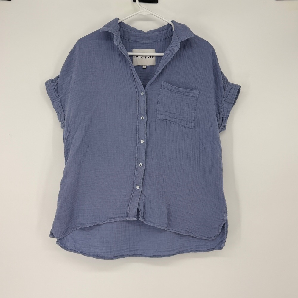 Lola River Womens Blue Double Gauze Cotton Button Down Shirt Size M Short Sleeve